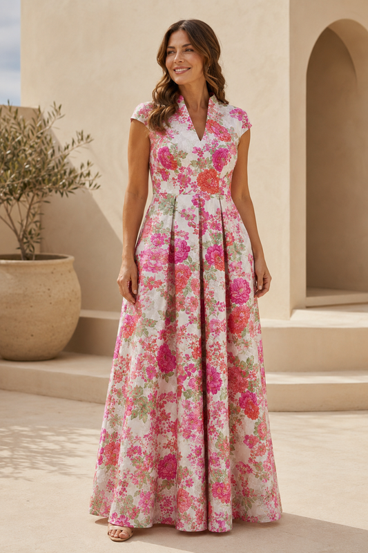 Floral Print Pleated A-Line Maxi Dress