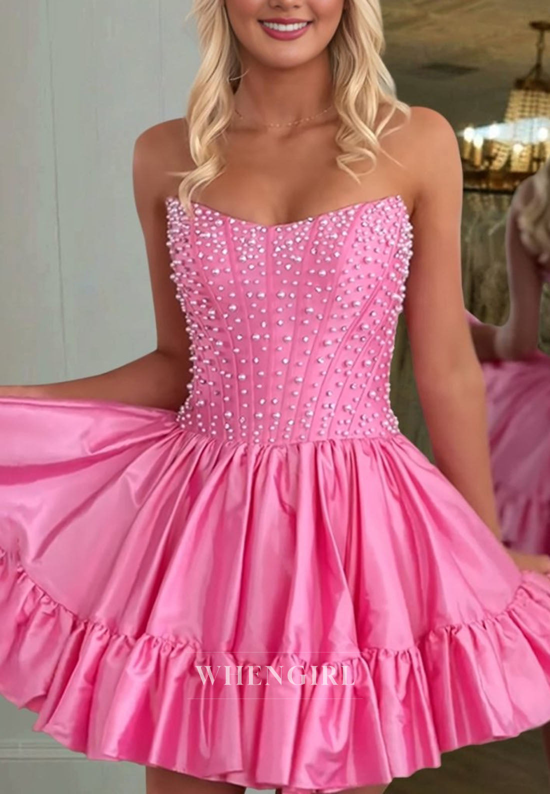 Strapless Pearl Corset Ruffled Mini Dress