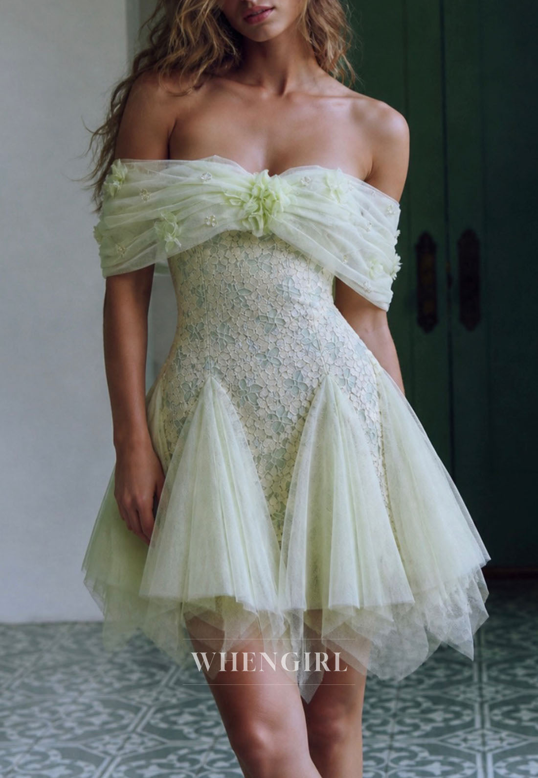 Off-the-Shoulder Lace Mini Dress with Tulle Handkerchief Hem