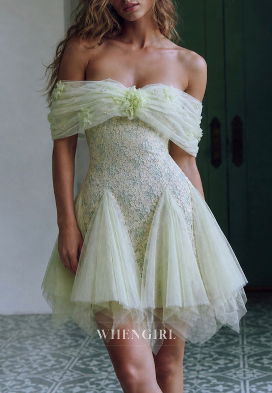 Off-the-Shoulder Lace Mini Dress with Tulle Handkerchief Hem