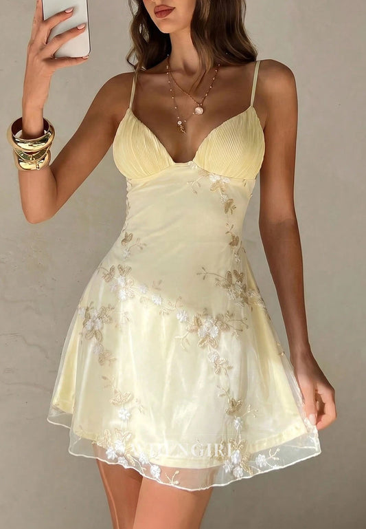 Floral Embroidered Pleated Bust Mini Dress