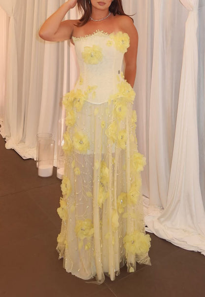 Strapless 3D Floral Applique Corset Evening Gown