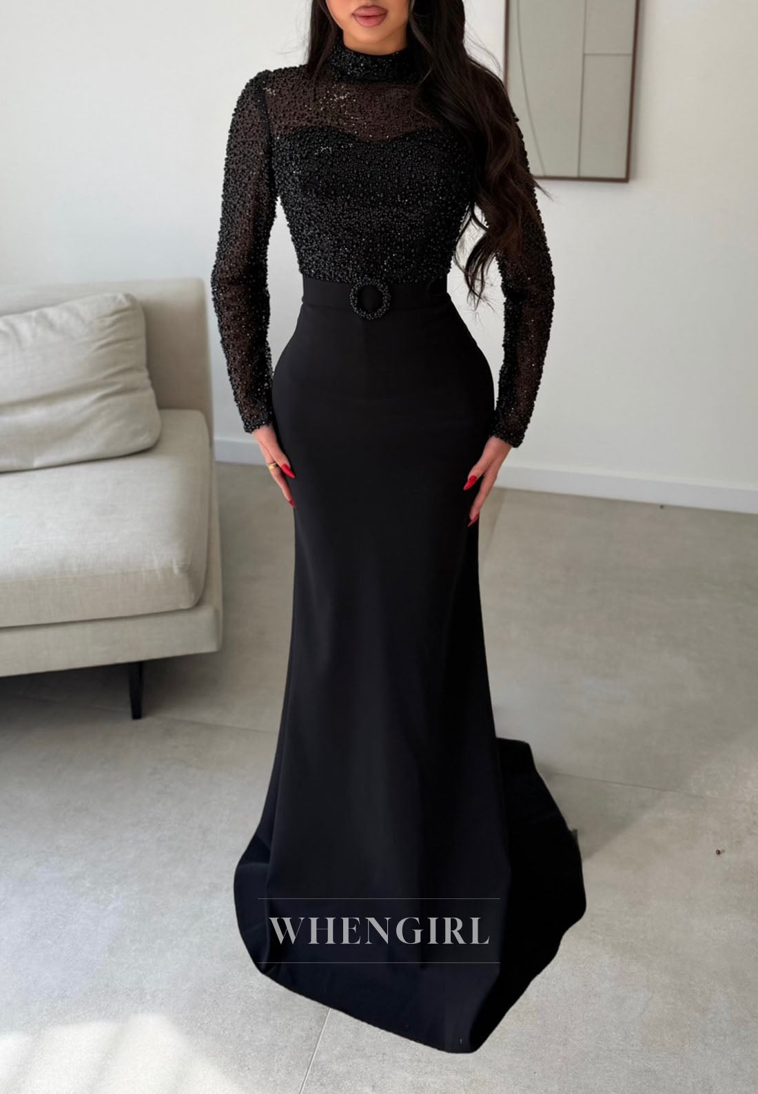 High Neck Pearl Embellished Long Sleeve Mermaid Gown