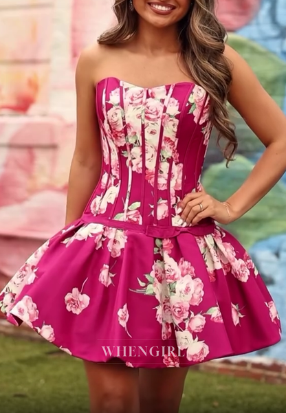 Strapless Corset Floral Bubble Skirt Mini Dress