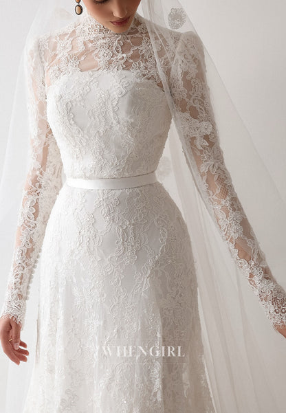 High Neck Long Sleeve Lace Column Wedding Dress