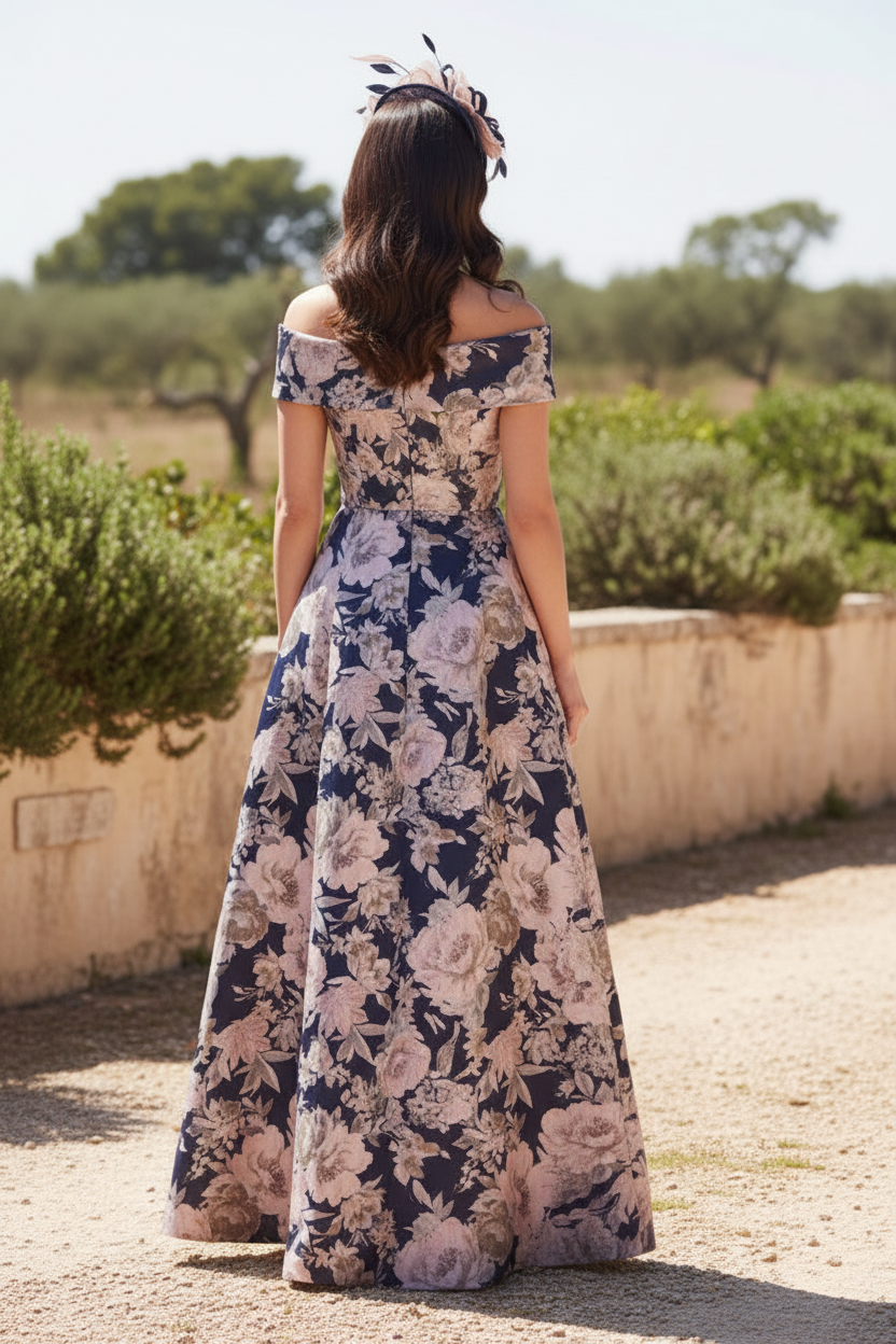 Off-the-Shoulder Floral Jacquard A-Line Gown