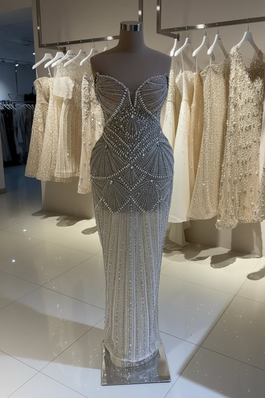 Art Deco Beaded Spaghetti Strap Evening Gown