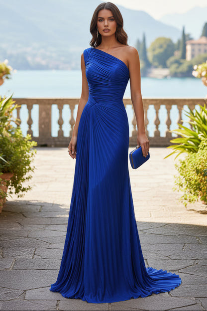 One-Shoulder Pleated Evening Gown with Sweep Train