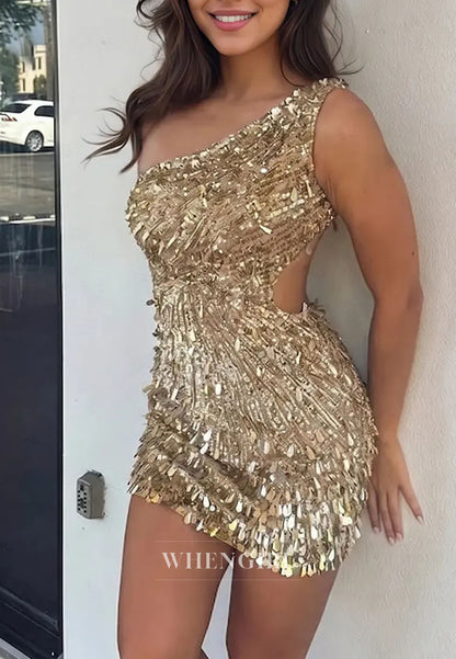 One-Shoulder Cutout Sequin Fringe Mini Dress
