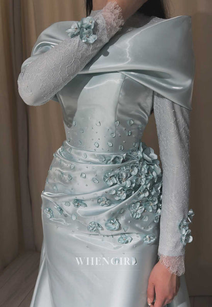 Long Sleeve Satin Formal Gown with 3D Flowers