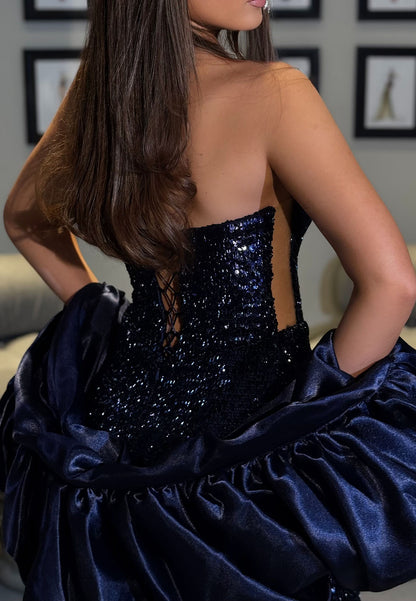 Strapless Sequin Evening Gown with Voluminous Sleeves