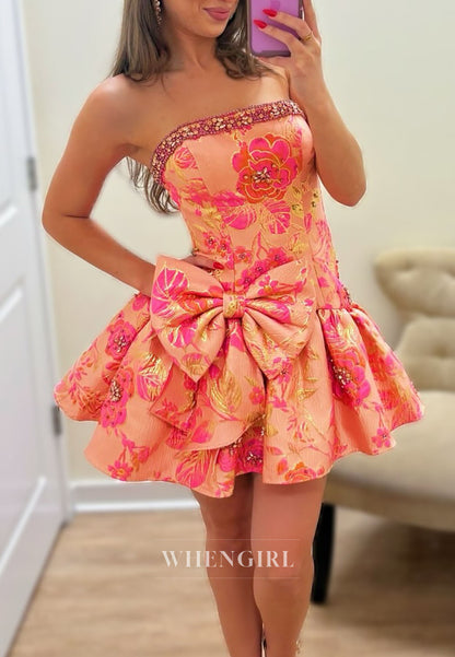 Strapless Floral Jacquard Mini Dress with Bow