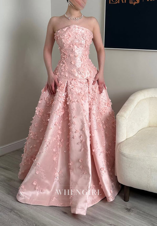 Strapless 3D Floral Applique Ball Gown