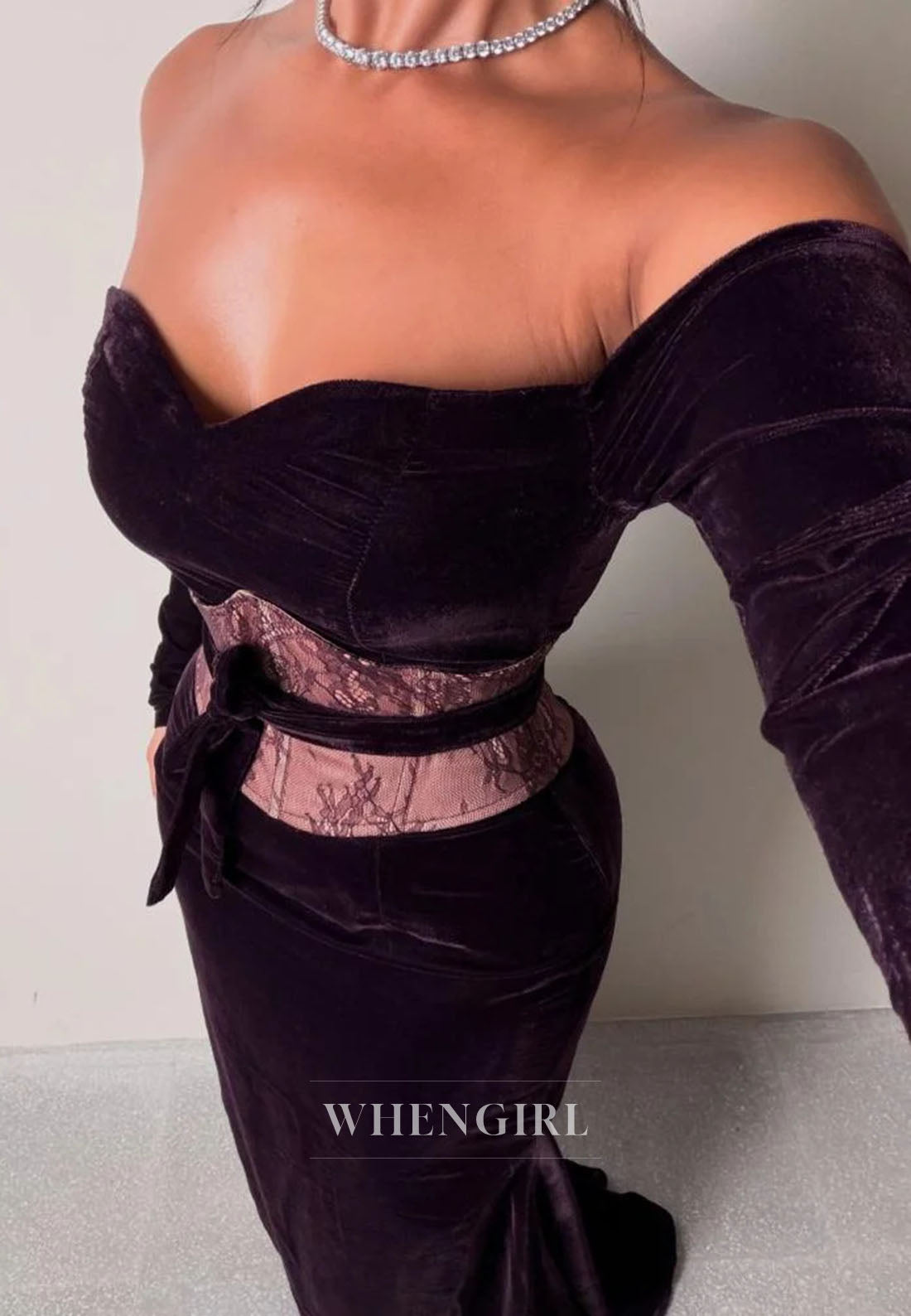 Velvet Off-the-Shoulder Gown with Lace Waist