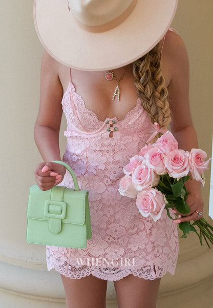 Floral Lace Bustier Mini Dress with Tie Straps