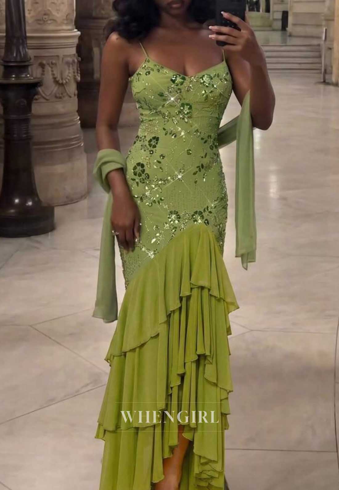 V-Neck Sequin Tiered Ruffle Mermaid Maxi Dress