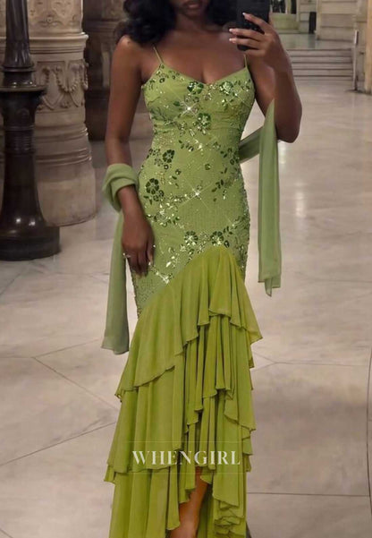 V-Neck Sequin Tiered Ruffle Mermaid Maxi Dress