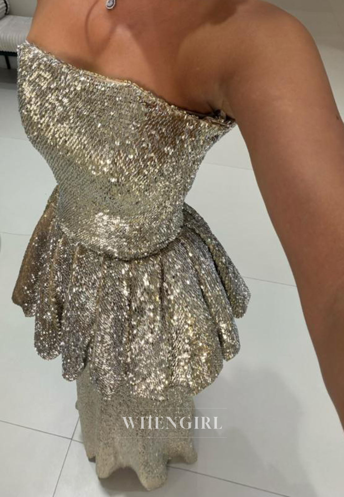 Strapless Peplum Sequin Maxi Gown