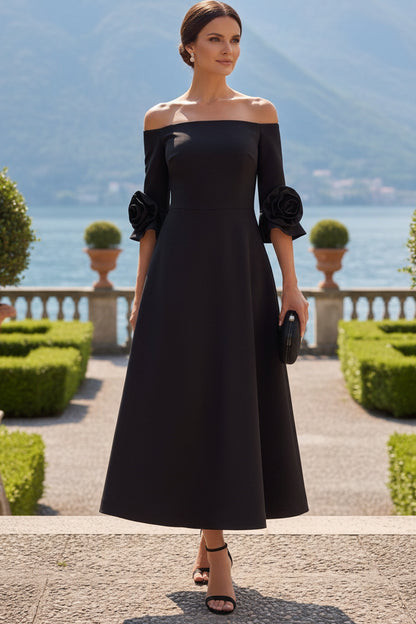 Off-the-Shoulder Midi A-Line Dress with 3D Flowers