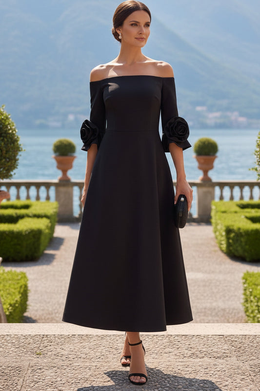 Off-the-Shoulder Midi A-Line Dress with 3D Flowers