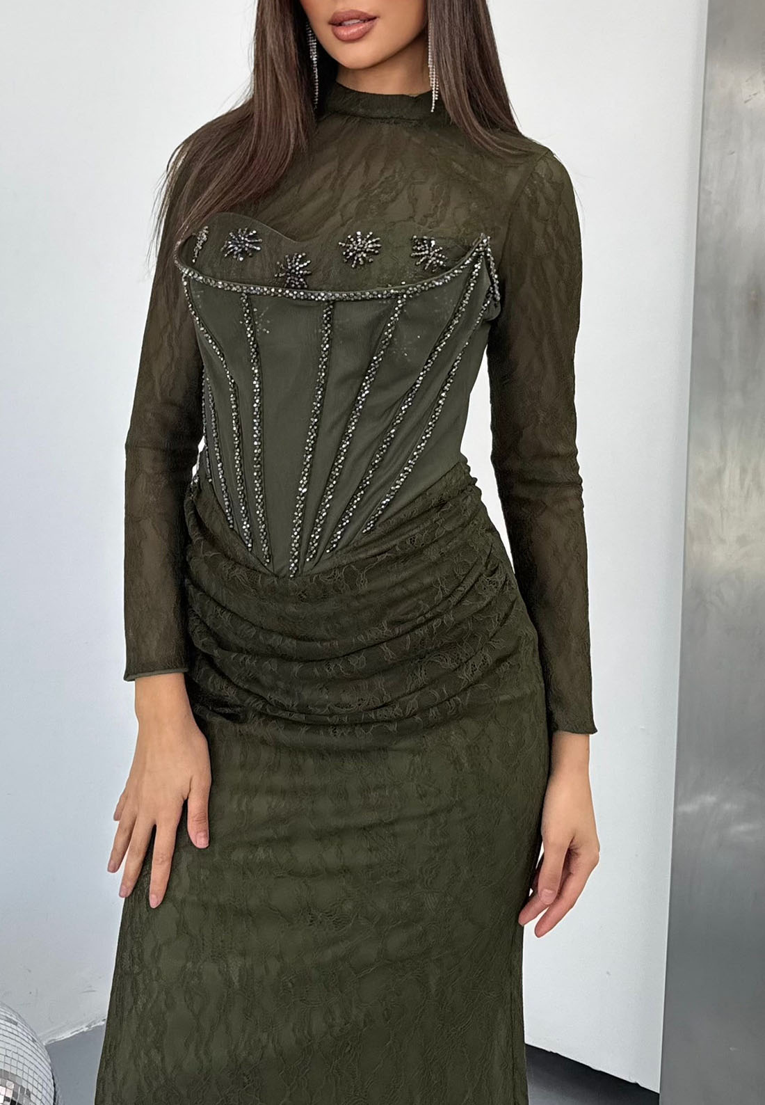 Corset Lace Evening Gown with Beaded Bodice