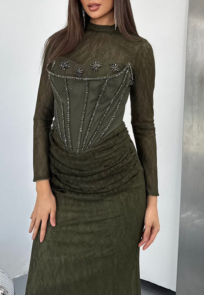 Corset Lace Evening Gown with Beaded Bodice