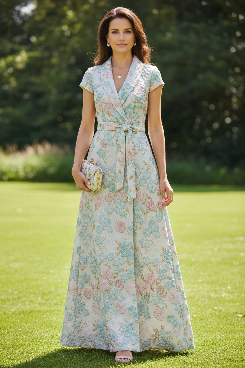 Floral Jacquard A-Line Maxi Dress with Collar