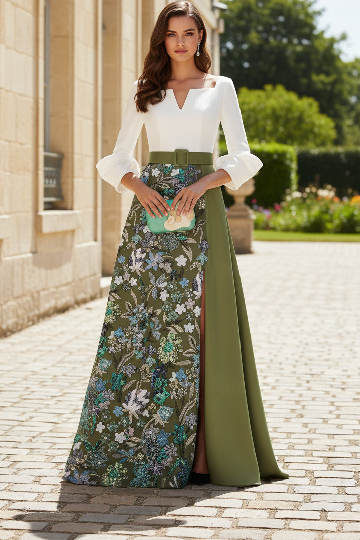 Off-Shoulder Floral Sequin Skirt Evening Gown with Overskirt
