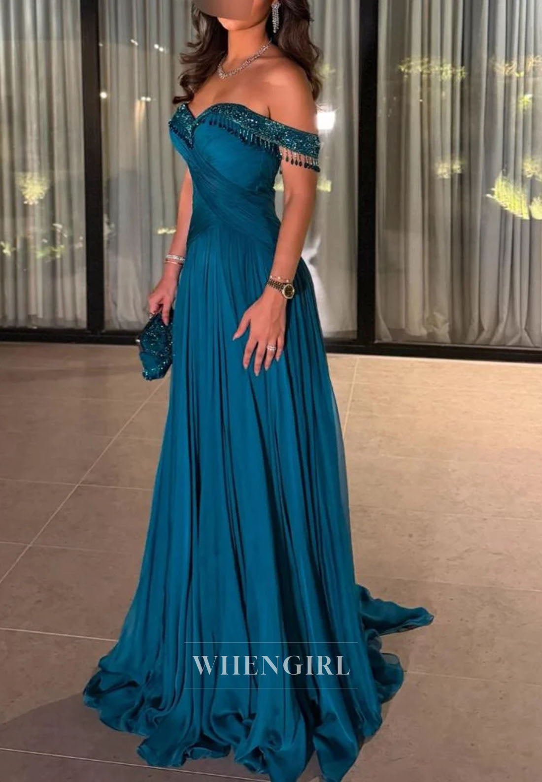 Off-the-Shoulder Beaded Pleated Evening Gown