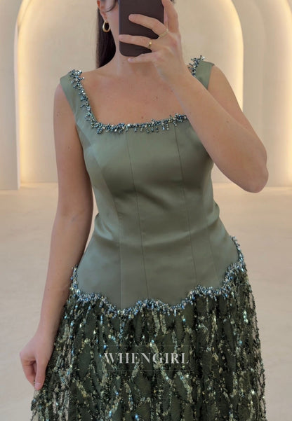 Square Neck Dropped Waist Sequin Evening Gown