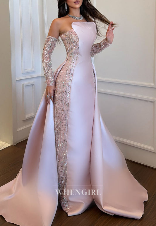 Strapless Column Gown with Overskirt & Sleeves