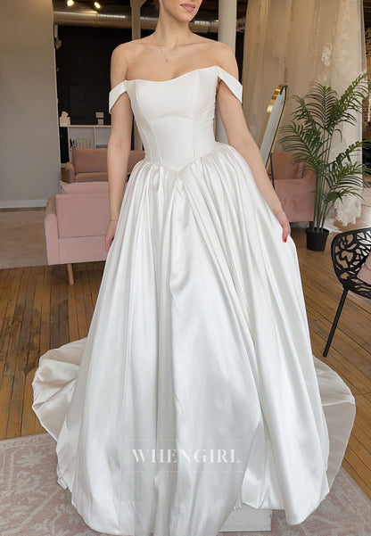 Off-Shoulder Basq-Waist Satin Ball Gown