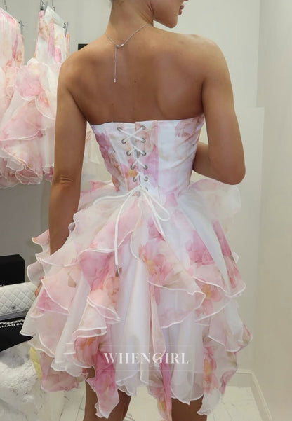 Strapless Floral Corset Ruffle Mini Dress