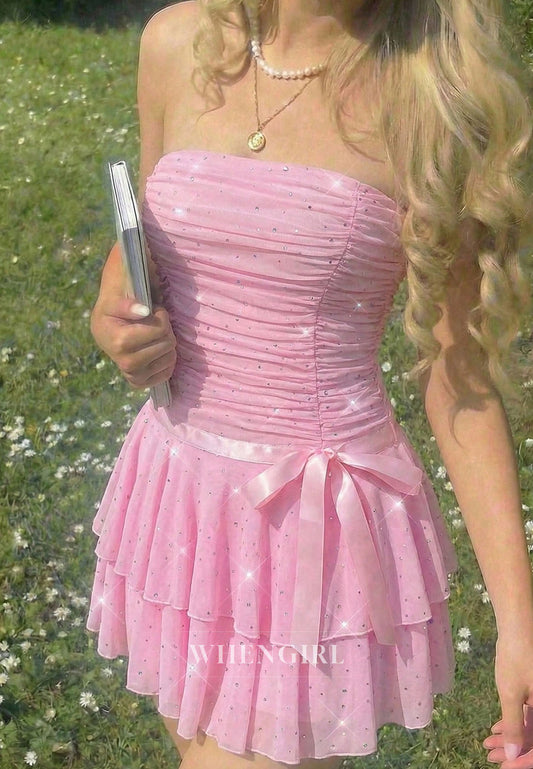 Strapless Ruched Mesh Tiered Mini Party Dress