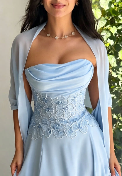 Strapless Floral Applique Gown with Shawl