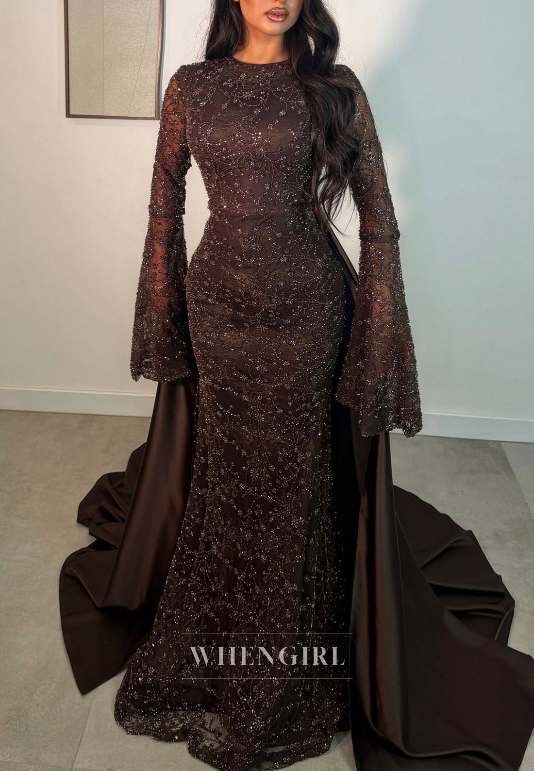 Beaded Bell Sleeve Gown with Detachable Overskirt