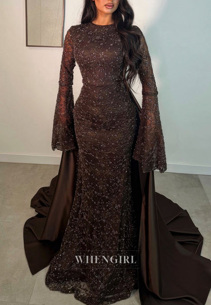 Beaded Bell Sleeve Gown with Detachable Overskirt