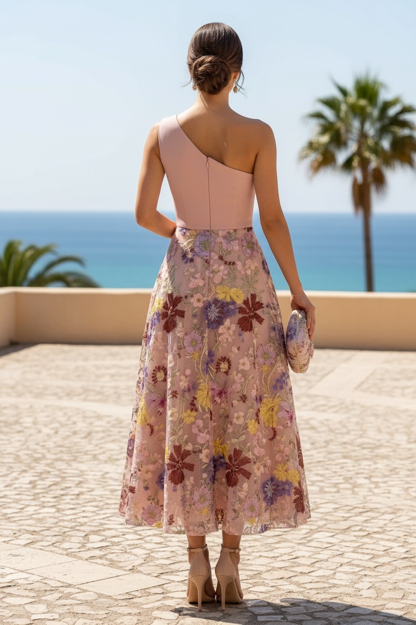 One-Shoulder Embroidered Floral Midi Dress