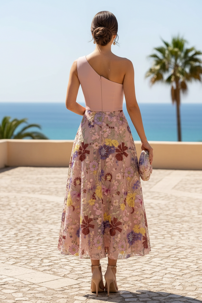 One-Shoulder Embroidered Floral Midi Dress