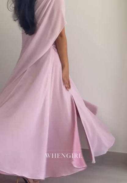 Chiffon A-Line Gown with Sequin Bodice & Cape