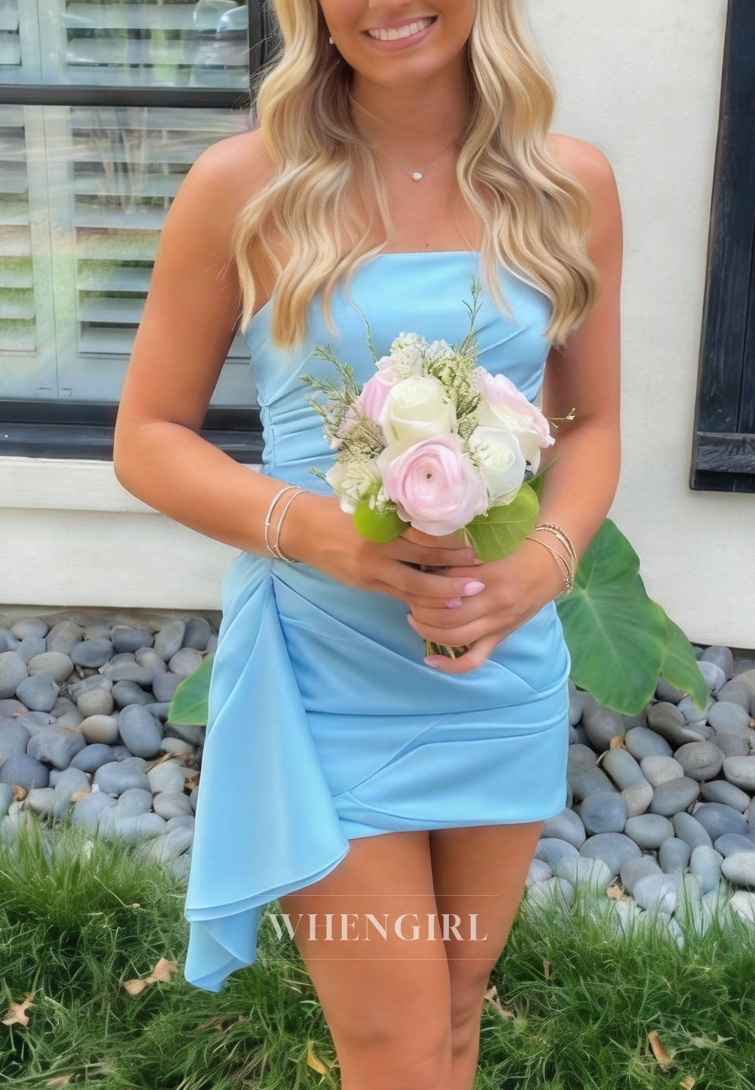 Strapless Satin Mini Dress with Side-Draped Asymmetrical Hem