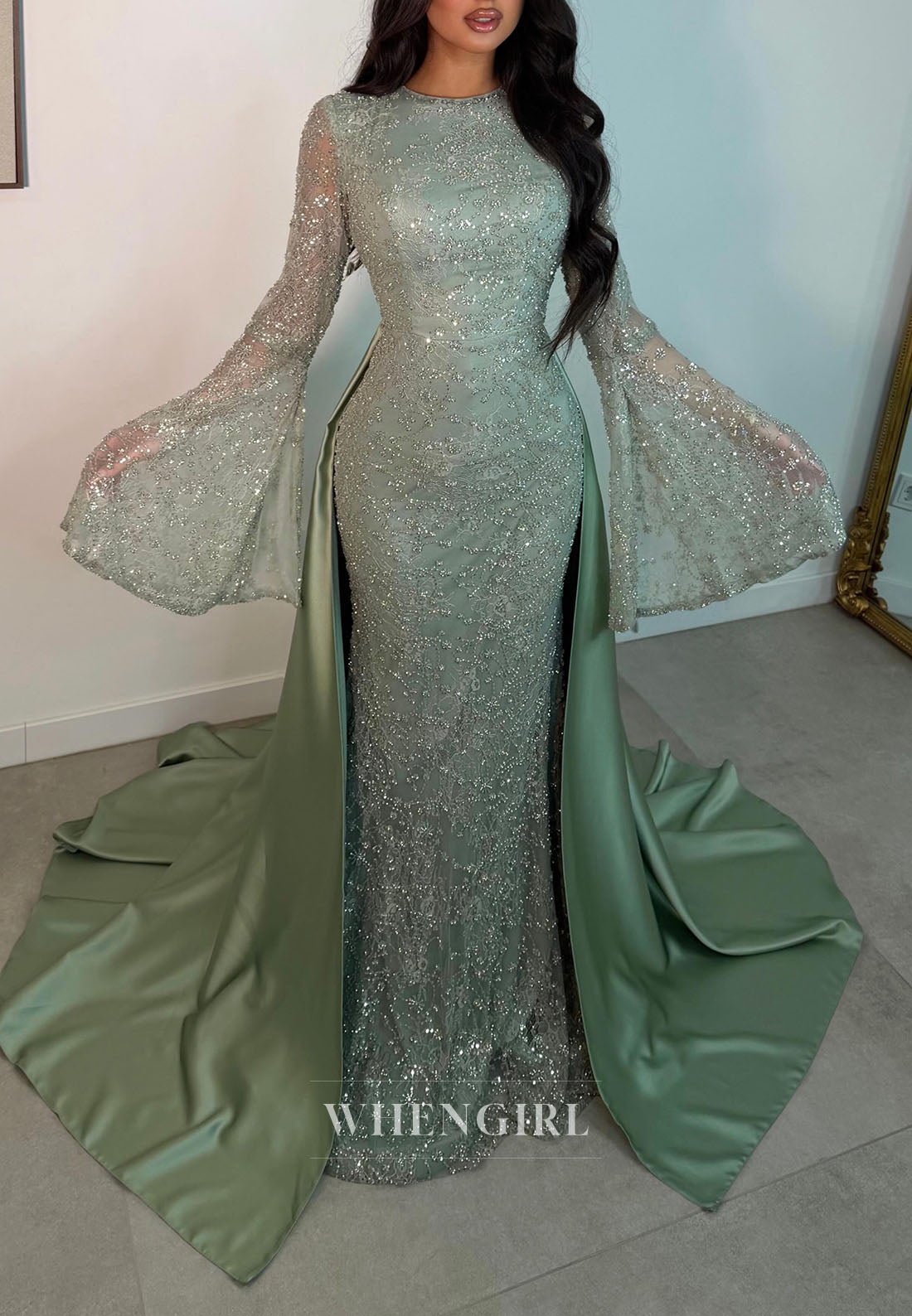 Bell Sleeve Beaded Lace Mermaid Gown with Train