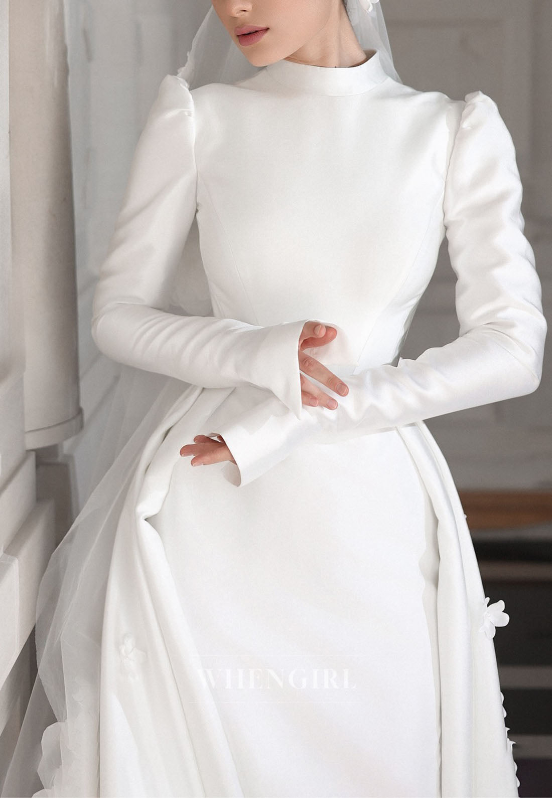 High Neck Satin Wedding Dress with 3D Flowers