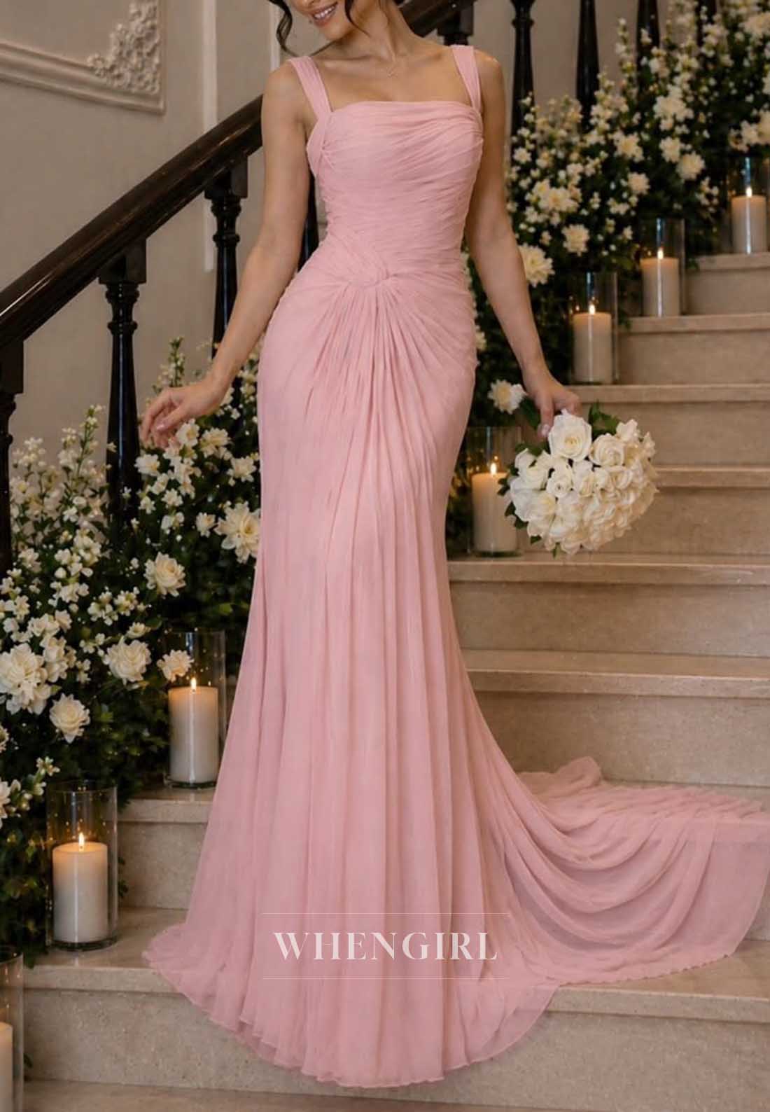 Elegant Square Neck Pleated Chiffon Gown
