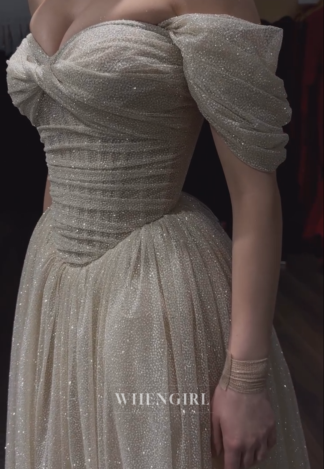 Glitter Off-the-Shoulder Basquew-Waist Ball Gown