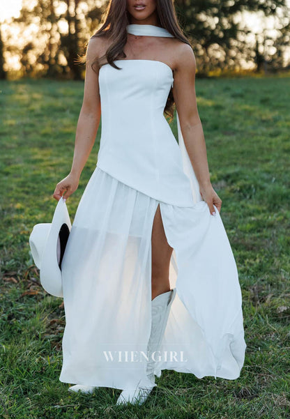 Strapless Maxi Dress with Slit and Neck Scarf