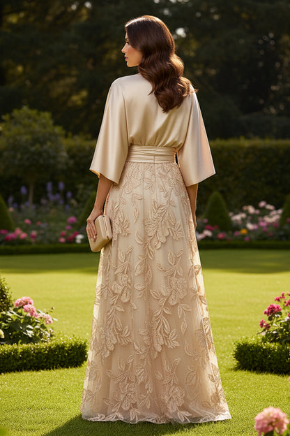 Satin and Lace A-Line Evening Gown with Bell Sleeves