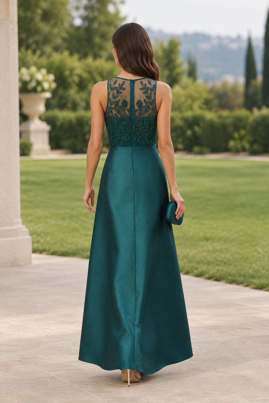 Embellished Illusion Bodice Pleated Evening Gown