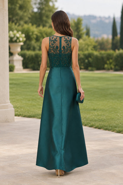 Embellished Illusion Bodice Pleated Evening Gown