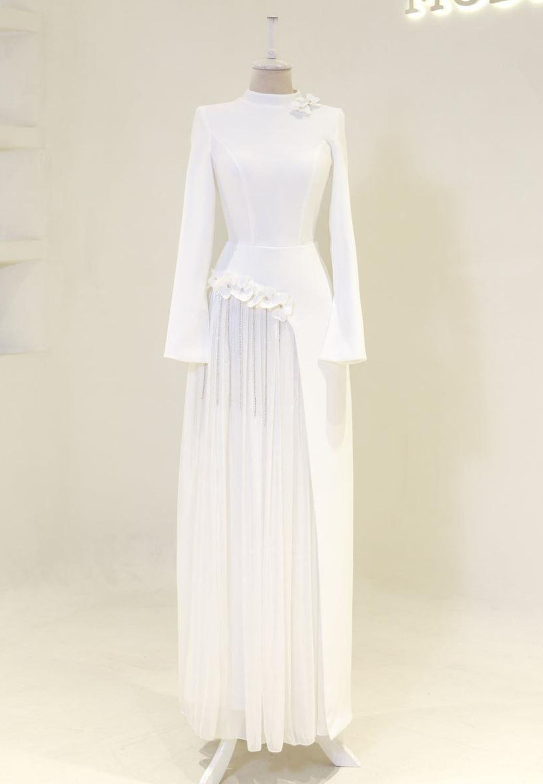High Neck Maxi Dress with Pleated Inset & 3D Flowers
